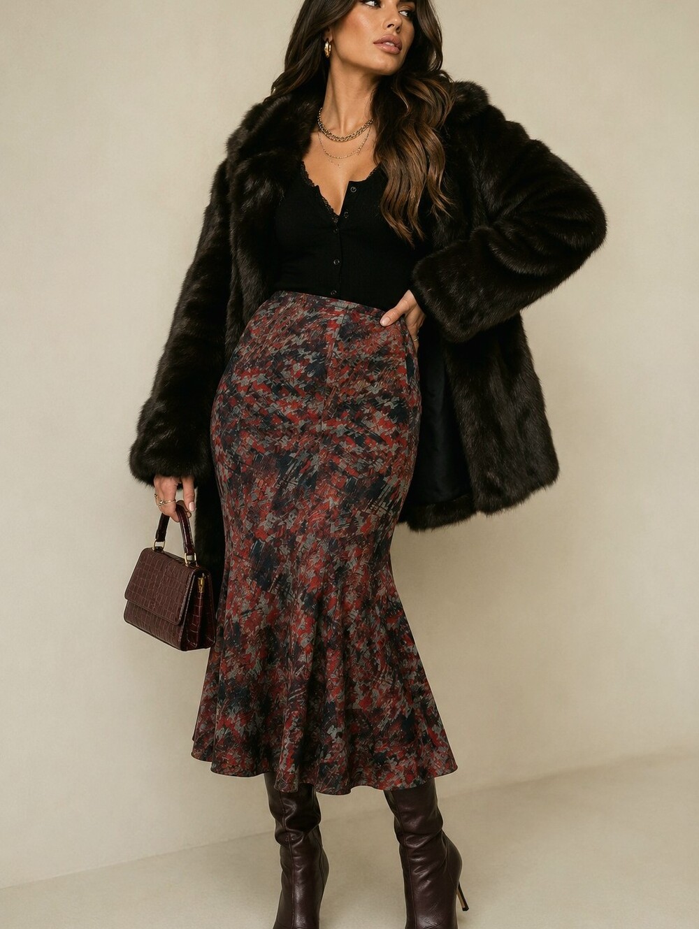 Mob Wife Dark Academia Abstract Knit Retro Cut Mermaid Midi Skirt Burgundy Grey
